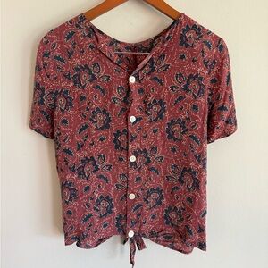 Madewell 100% Silk Top Floral Assam Paisley Front-Tie Button Back Blouse Size S
